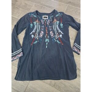 Biya Johnny Was Navy Blue Embroidered Tunic Top Womens Small Boho Swim Tie Neck